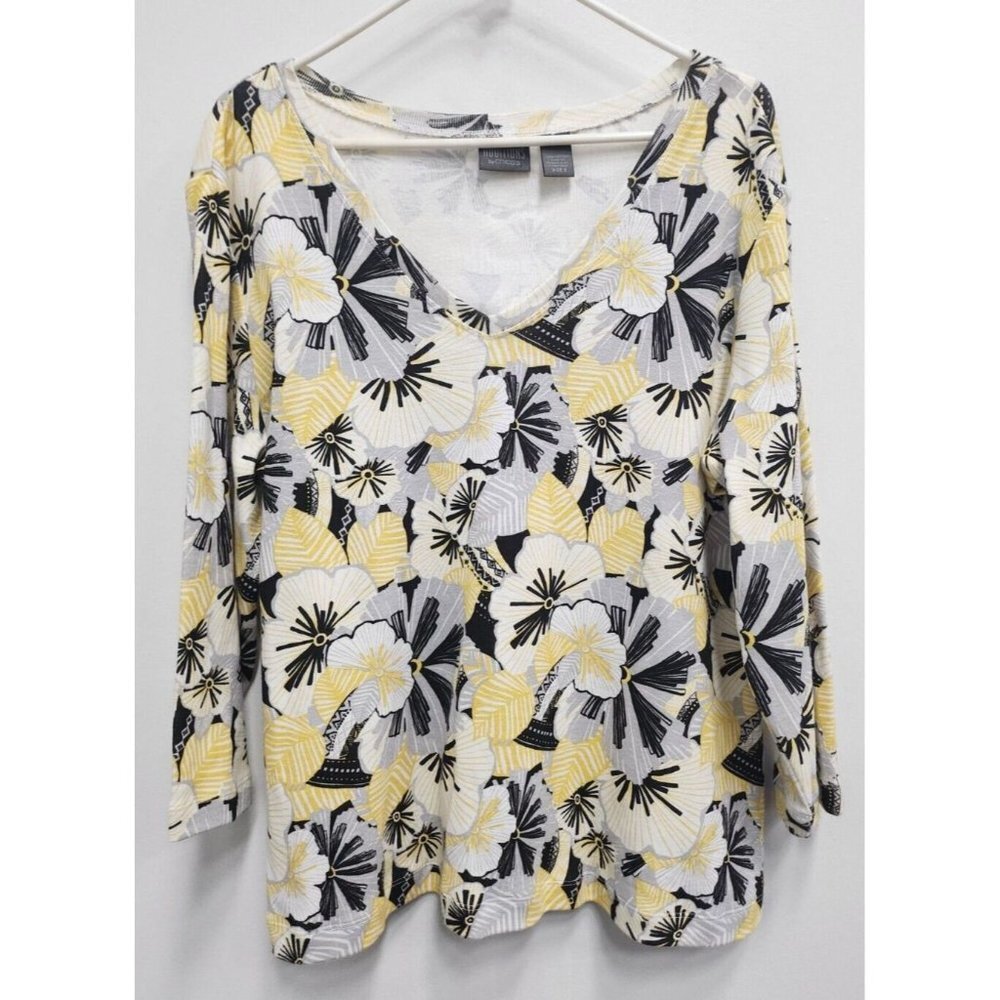 Additions By Chicos Womens Top Size XL Multicolor Floral Cotton V-Neck3/4 Sleeve